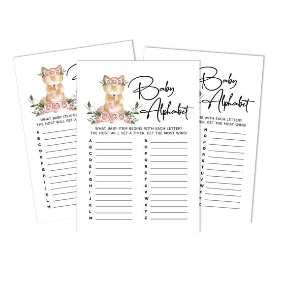 Inkdotpot Fox Animal Baby Shower Game Set Of 50 BabyAlphabetABCGame Gender Neutral Party Supplies