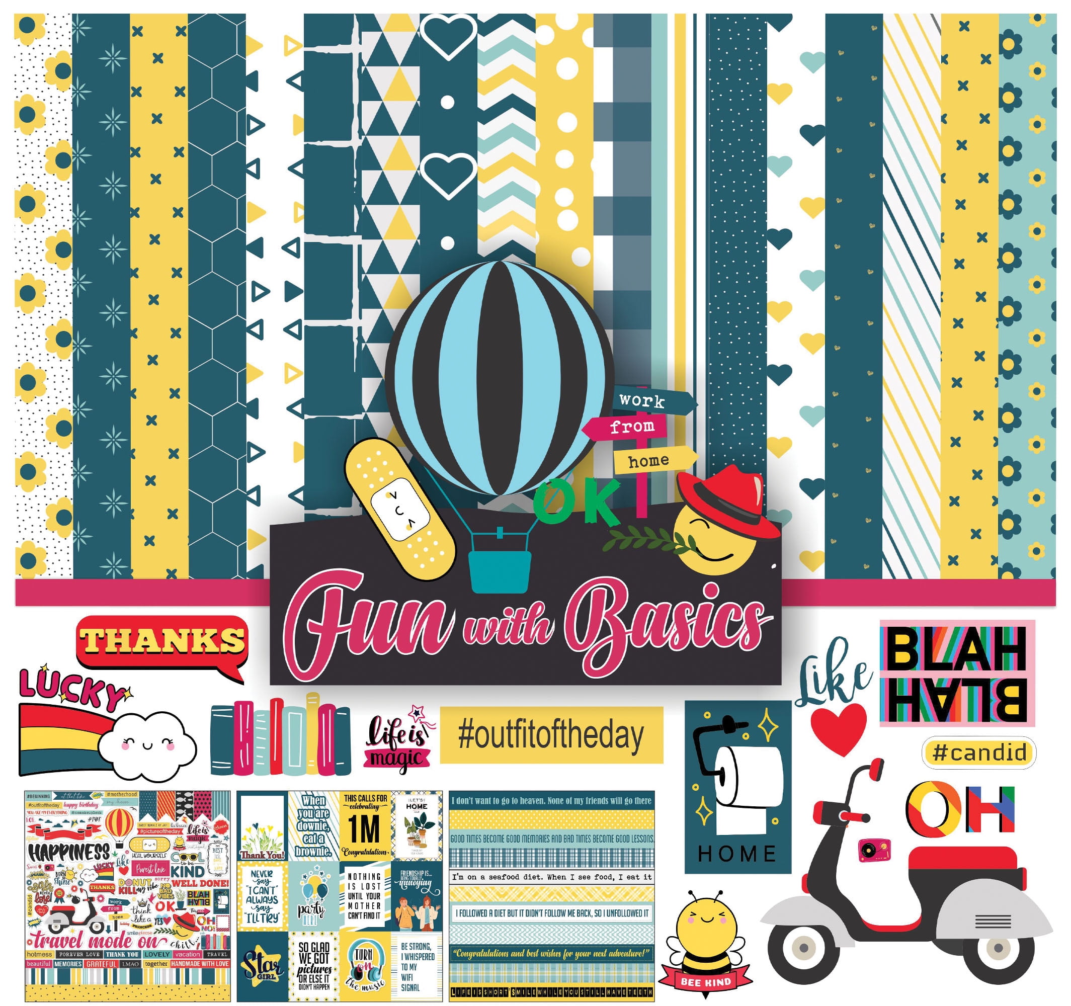 Inkdotpot Fun With Basics Collection Double,Sided Scrapbook Paper Kit Cardstock 12"x12" Card Making Paper Pack Of With Sticker Sheet - 16 Pages - Yellow & Teal Green