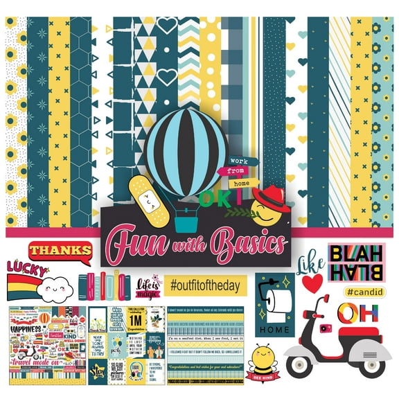 Inkdotpot Fun With Basics Collection Double,Sided Scrapbook Paper Kit Cardstock 12"x12" Card Making Paper Pack Of With Sticker Sheet - 16 Pages - Yellow & Teal Green