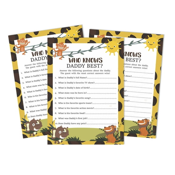 Inkdotpot Gender Neutral Who Knows Daddy BestBaby Shower GameCards-FunActivity Cards Set Of 50Jungle Animals Party Theme