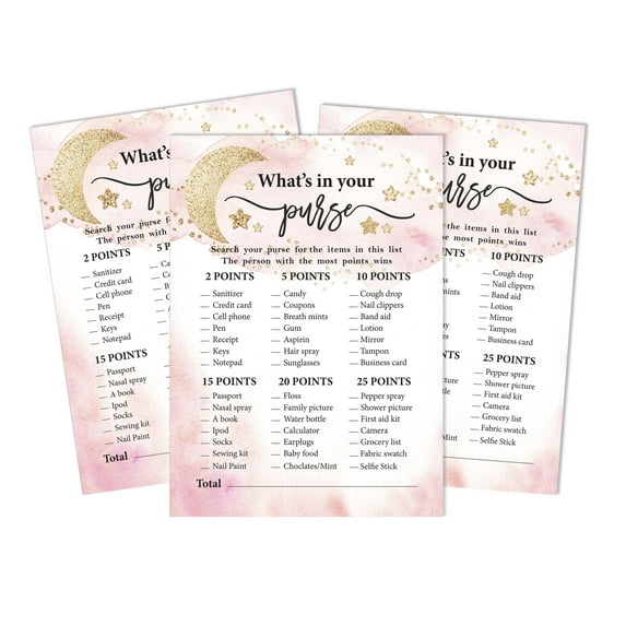 Inkdotpot Gender Reveal 50 Sheets What'sIn Your PurseBaby Shower GameCards Glitter Star Activity CardsPartyIdea Baby Shower Party Supply