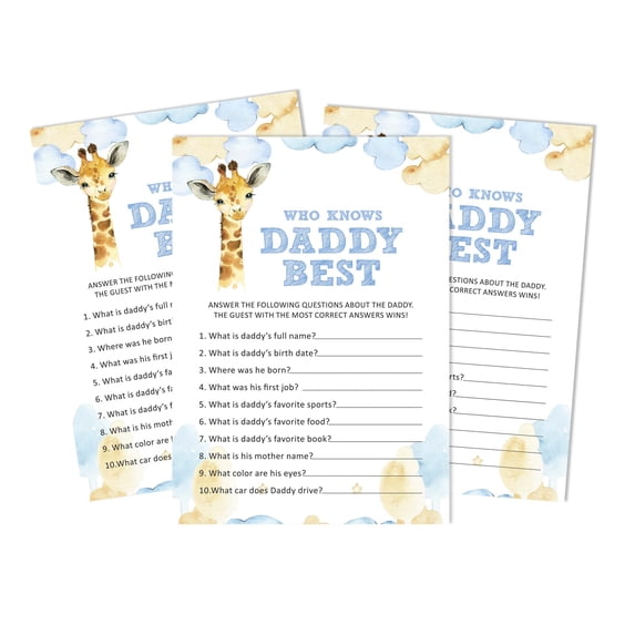 Inkdotpot Giraffe Jungle Animals 50 PackWho Knows Daddy BestBaby Shower GameCards FunActivity Cards
