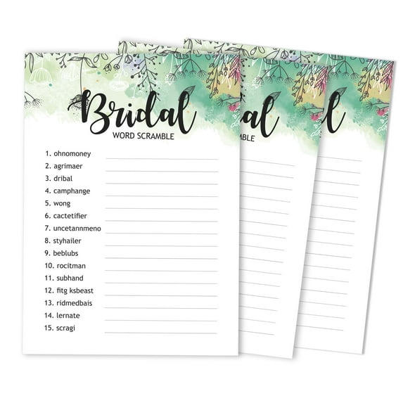 Inkdotpot Greenery FloralParty Wedding Supplies 50-Pack Wedding Word Scramble Bridal ShowerGameCards