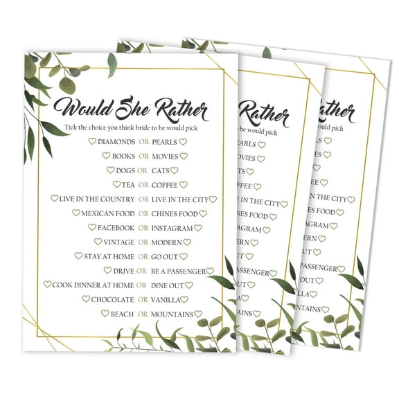 Inkdotpot Greenery Funny Rehearsal Dinner GuessingGameBridal Shower PartyGameIdeas 50-Pack Would She Rather Bridal Wedding ShowerGame