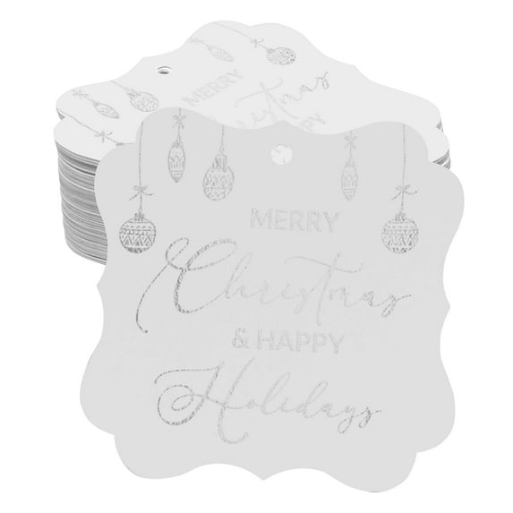 Inkdotpot Hang Tags Merry Christmas & Happy Text Favor Bracket Shape Gift Tags Real Silver Foil Bonbonniere Tag Pack Of 100