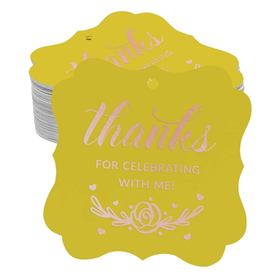 Inkdotpot Hang Tags Thanks For Celebrating With Us Bridal Shower-Baby Shower-Retirement-Wedding-Birthday Favor Bracket Shape Gift Tags Real Rose Gold Foil Bonbonniere Tag Pack Of 100