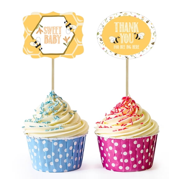 Inkdotpot Honey Bee Gender Reveal Baby Shower Party Collection, Pre-Assembled Double Sided Cupcake Topper Food Picks DIY Party Favors Kit, Pack of 30
