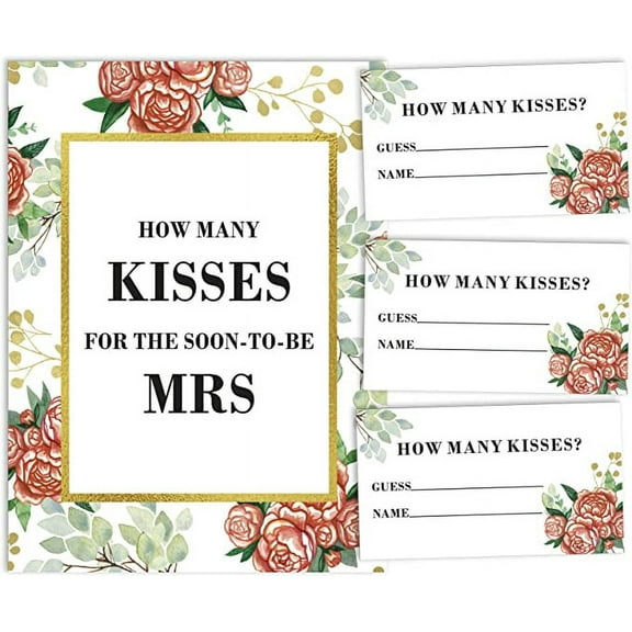 Inkdotpot How Many Kisses For The Soon To Be Mrs Floral White 1 Sign + 30 Cards Bridal Shower Game