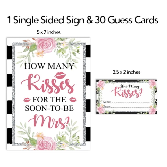 Inkdotpot How Many Kisses For The Soon To Be Mrs Floral White 1 Sign + 30 Cards Bridal Shower Game