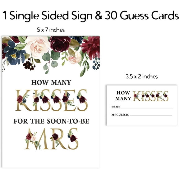 Inkdotpot How Many Kisses For The Soon To Be Mrs Floral White 1 Sign + 30 Cards Bridal Shower Game