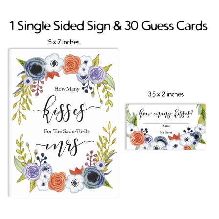 Inkdotpot How Many Kisses For The Soon To Be Mrs Floral White 1 Sign + 30 Cards Bridal Shower Game