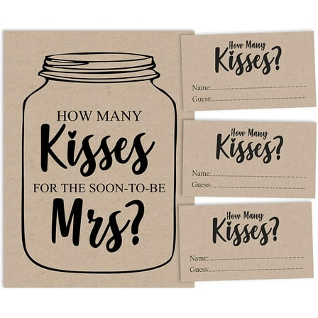 Inkdotpot How Many Kisses For The Soon To Be Mrs Rustic Kraft Mason Jar Beige 1 Sign + 30 Cards Bridal Shower Game