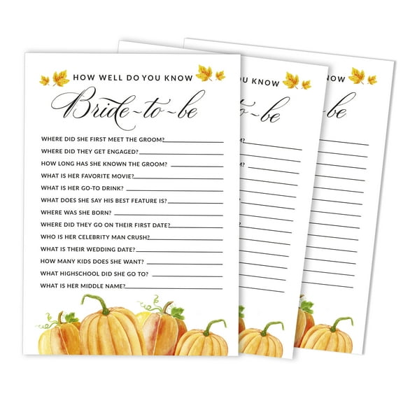 Inkdotpot How Well Do You Know The Bride Bridal Shower Bachelorette PartyGameActivityCards 50-PackPumpkin Fall in LoveWho Know The Bride Best