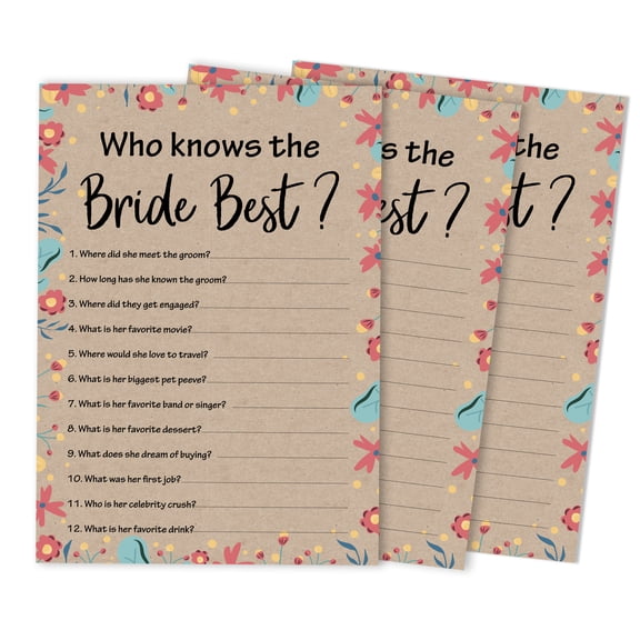 Inkdotpot How Well Do You Know The Bride Bridal Shower Bachelorette PartyGameActivityCards 50-PackRustic Kraft FloralWho Know The Bride Best