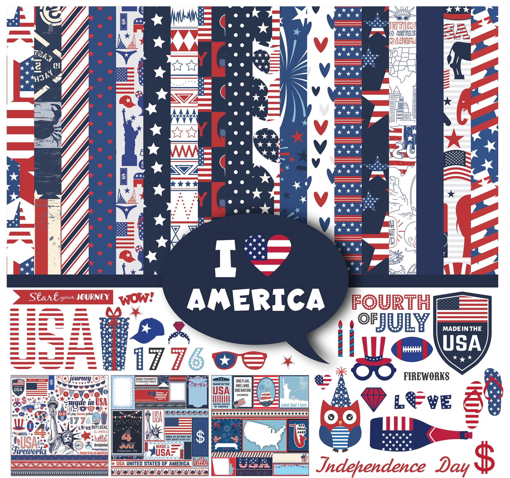 Inkdotpot I Love America Collection Double,Sided Scrapbook Paper Kit Cardstock 12"x12" Card Making Paper Pack Of With Sticker Sheet - 16 Pages - Multicolor