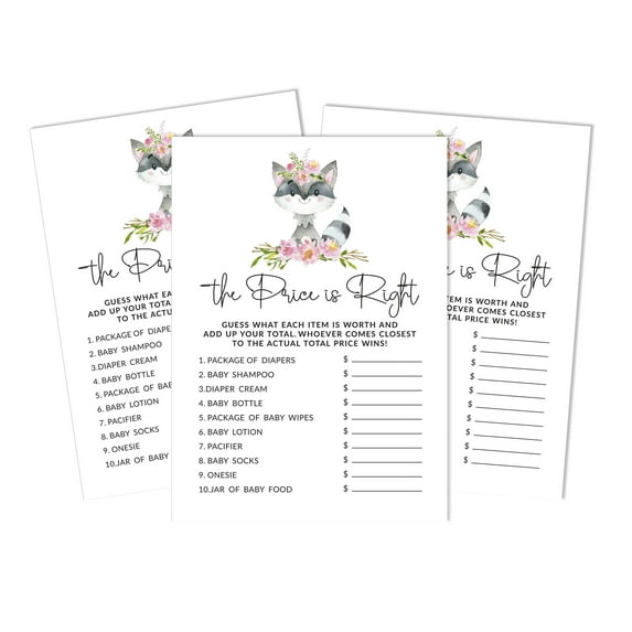 Inkdotpot If The Price Is Right Baby Shower Game Card Of 50 Gender Neutral Floral Raccoon Baby Shower Party Idea