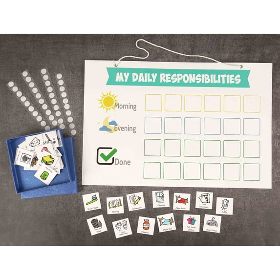 Inkdotpot Kids Daily Responsibility Checklist, Hanging Chore Chart- Childrens Job Poster- Morning/Evening Daily Routine- Daily Task List-FGJ