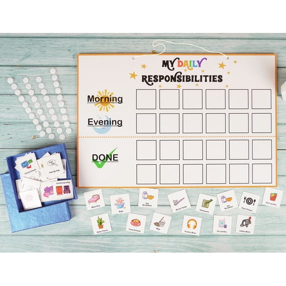 Inkdotpot Kids Daily Responsibility Checklist, Hanging Chore Chart- Childrens Job Poster- Morning/Evening Daily Routine- Daily Task List-MZA