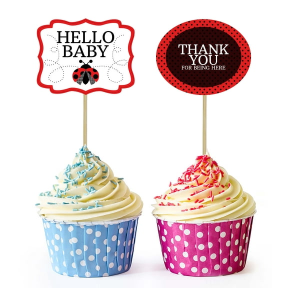 Inkdotpot Ladybug Gender Reveal Baby Shower Party Collection, Pre-Assembled Double Sided Cupcake Topper Food Picks DIY Party Favors Kit, Pack of 30