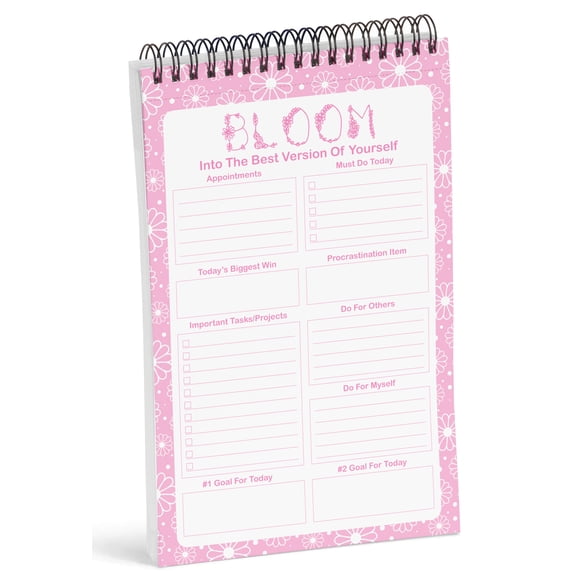 Inkdotpot To Do List Notepad 6 X 9 Paper Stationery, Pink Floral Bloom Spiral Notepad Daily Checklist- Motivational Organizer Planner List Pad- Notepad Tear Off (50 Sheets)