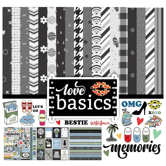 Inkdotpot Love Basics Collection Double,Sided Scrapbook Paper Kit Cardstock 12"x12" Card Making Paper Pack Of With Sticker Sheet - 16 Pages - White & Black
