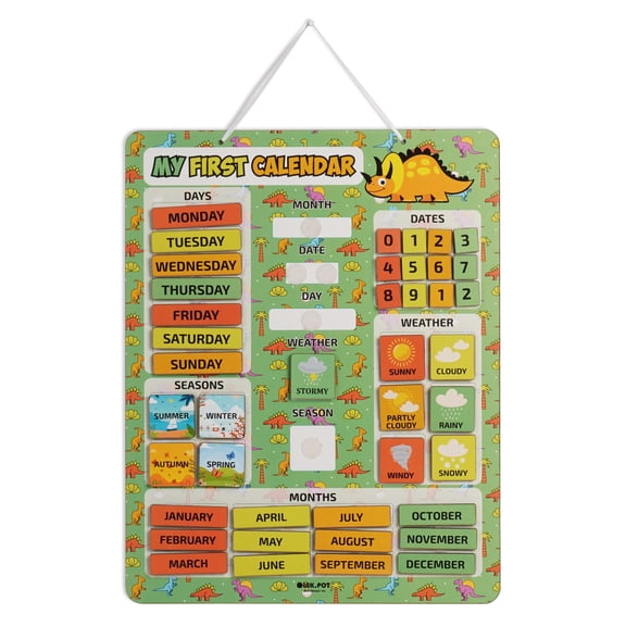 Inkdotpot My FirstCalendarBoard For Kids,Preschool Wall Hanging Month/ Date/ Day/ Weather/ Season(42 Pieces); Classroom LearningCalendarBoard,14.5 x 11.5 inches(Light Green)