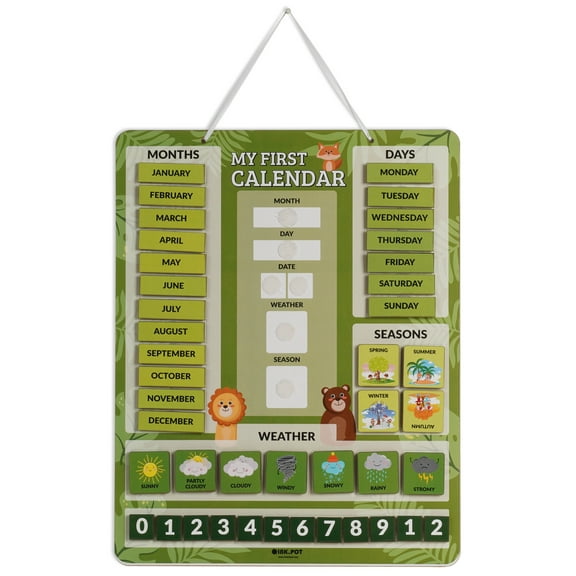 Inkdotpot My FirstCalendarBoard For Kids,Preschool Wall Hanging Month/ Date/ Day/ Weather/ Season(42 Pieces); Classroom LearningCalendarBoard,14.5 x 11.5 inches(Green)