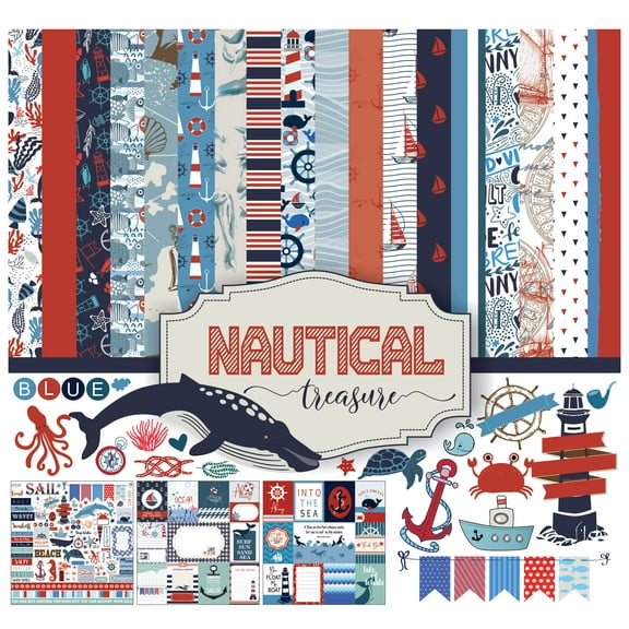 Inkdotpot Nautical Treasure Theme Collection Double-Sided Scrapbook Paper Kit Cardstock 12"x12" Card Making Paper Pack With Sticker Sheet - 16 Pages - Red & Blue