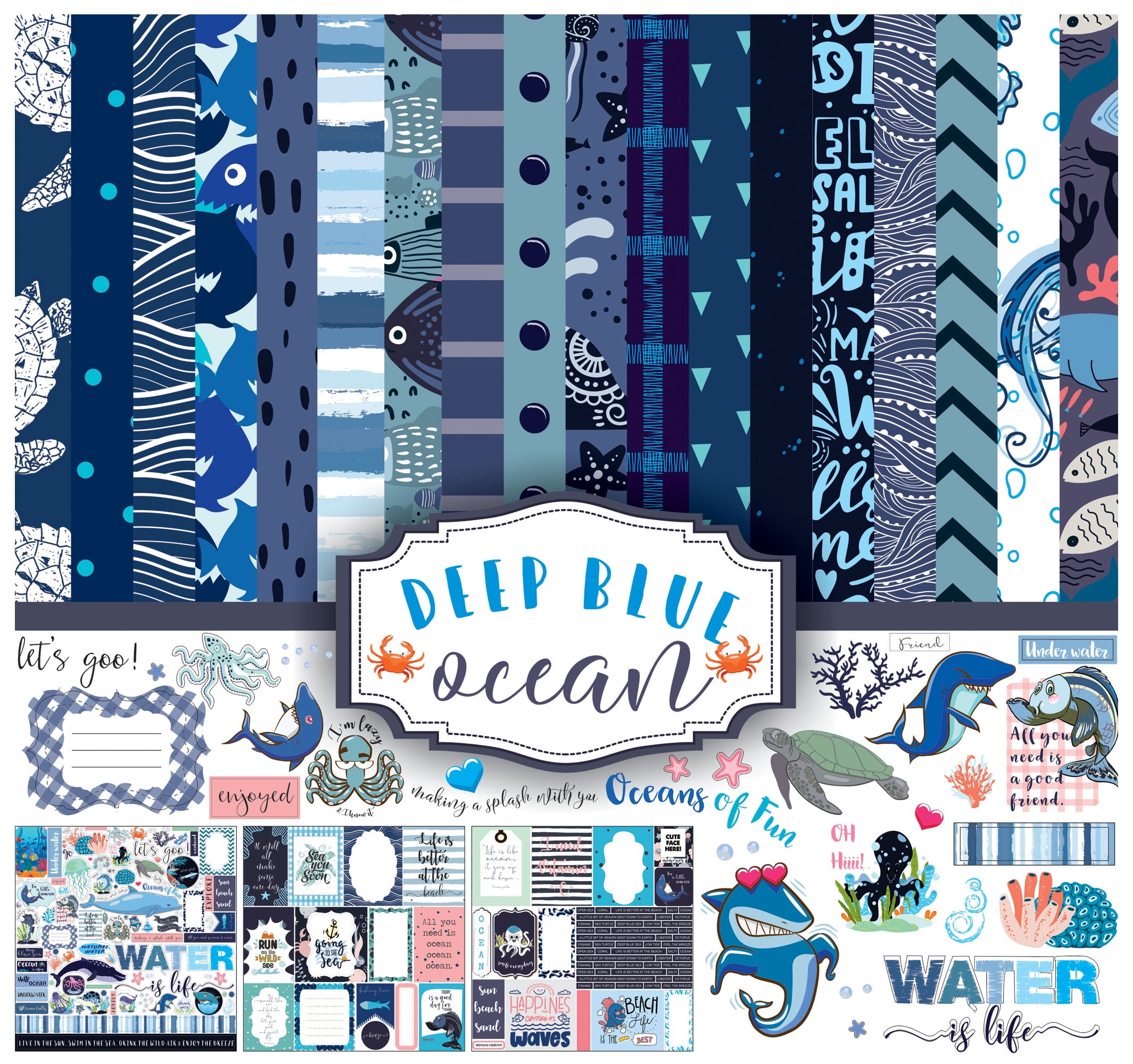 Inkdotpot Ocean Life Collection Double-Sided Scrapbook Paper Kit Cardstock 12"x12" Card Making Paper Pack With Sticker Sheet - 16 Pages - Blue