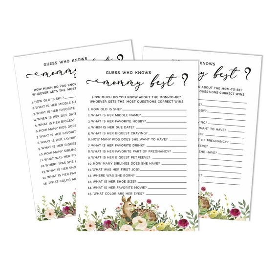 Inkdotpot Oh Deer Who Knows Mommy BestBaby Shower GameCards-FunActivity Cards Set Of 50Deer Animal Party Theme