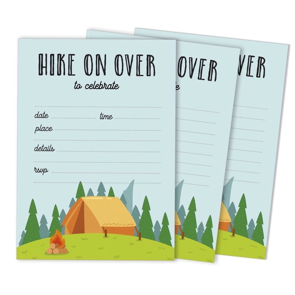 Inkdotpot Pack Of 30 Kids Birthday or Slumber Party Invitations, Hike On Over Camping Party Birthday Invites With Envelopes, Fill In The Blank Invites