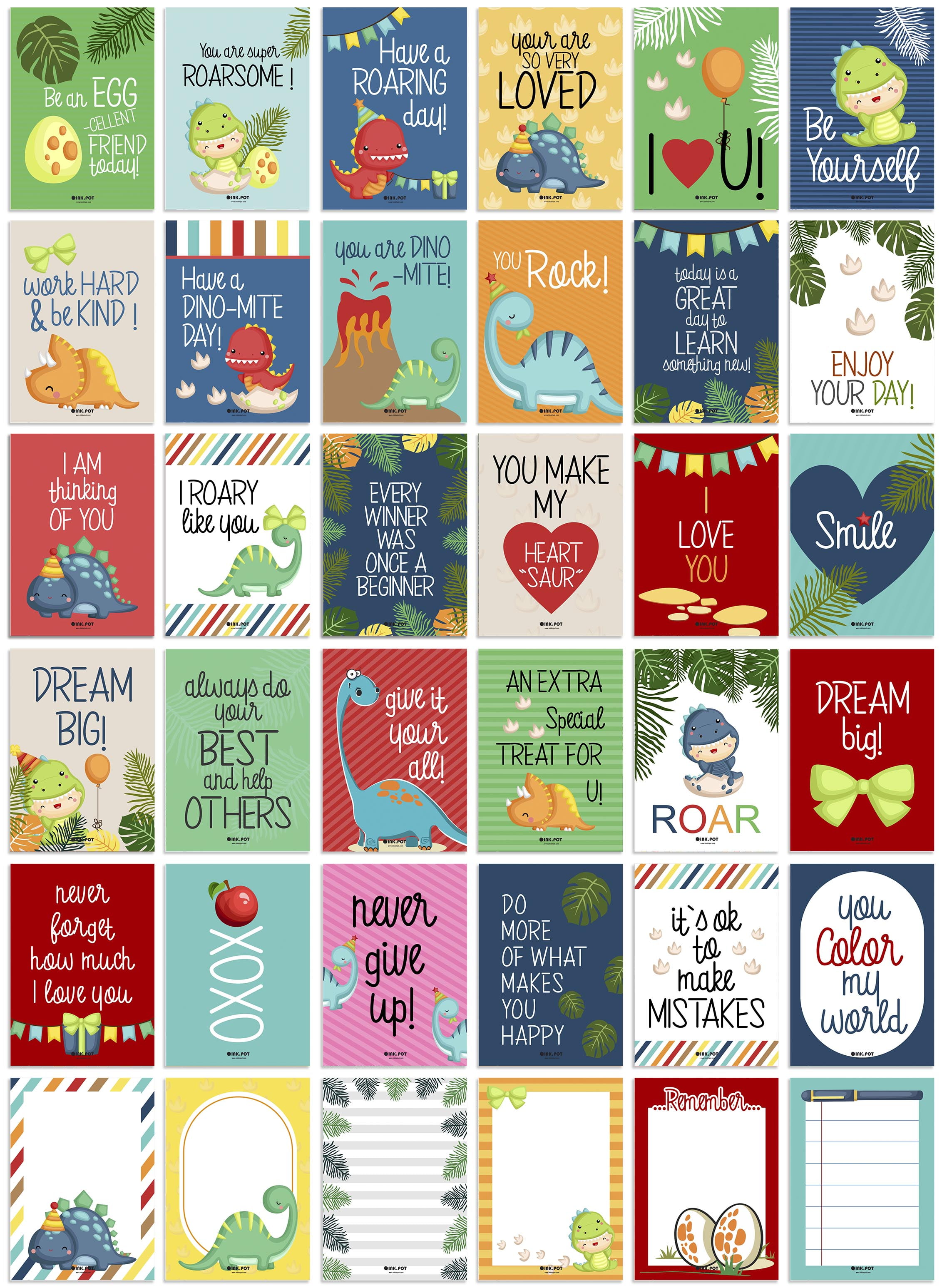 Inkdotpot Pack of 36 Inkdotpot Lunch Box Notes For Kids/ Teens, Daily Inspirational Lines Happy Thoughts For Children, Students, Positive Affirmations Encouragement, Fun Lunch Notes (Dinosaur Theme)