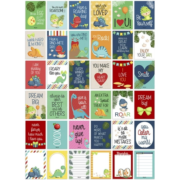 Inkdotpot Pack of 36 Inkdotpot Lunch Box Notes For Kids/ Teens, Daily Inspirational Lines Happy Thoughts For Children, Students, Positive Affirmations Encouragement, Fun Lunch Notes (Dinosaur Theme)