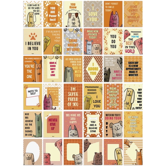 Inkdotpot Pack of 36 Lunch Box Notes For Kids/ Teens, Daily Inspirational Lines Happy Thoughts For Children, Students, Positive Affirmations Encouragement, Fun Lunch Notes (Dog Theme)