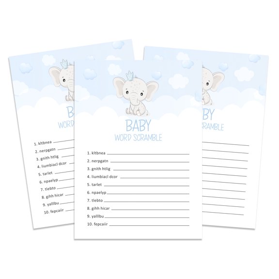Inkdotpot Pack of 50, Boy/Girl Baby Shower Party Collection, Word Scramble Game Cards, Fun Baby Shower Party Games, Activities, Decorations, Baby Elephant Theme Party Supply