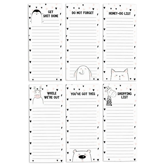 Inkdotpot Pack of 6 Funny Magnetic Dry Erase List For Fridge, Wipe Clean w/ NoStain, Quick Notes Shopping & Grocery List Whiteboard for Fridge, 8.75" x 3.8"(Cute Animals)