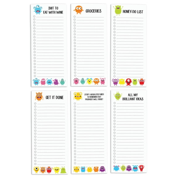 Inkdotpot Pack of 6 Funny Magnetic Dry Erase List For Fridge, Wipe Clean w/ NoStain, Quick Notes Shopping & Grocery List Whiteboard for Fridge, 8.75" x 3.8"(Monster Print)