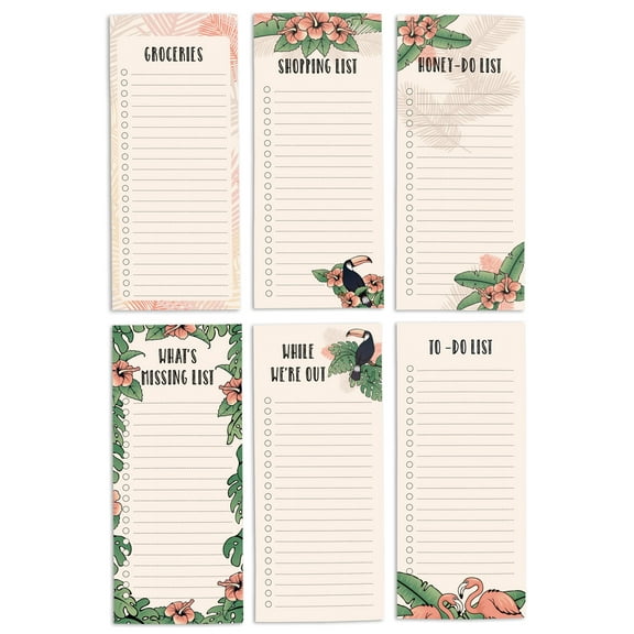 Inkdotpot Pack of 6 Funny Magnetic Dry Erase List For Fridge, Wipe Clean w/ NoStain, Quick Notes Shopping & Grocery List Whiteboard for Fridge, 8.75" x 3.8"(Toucan & Flamingo/ Tropical Print)