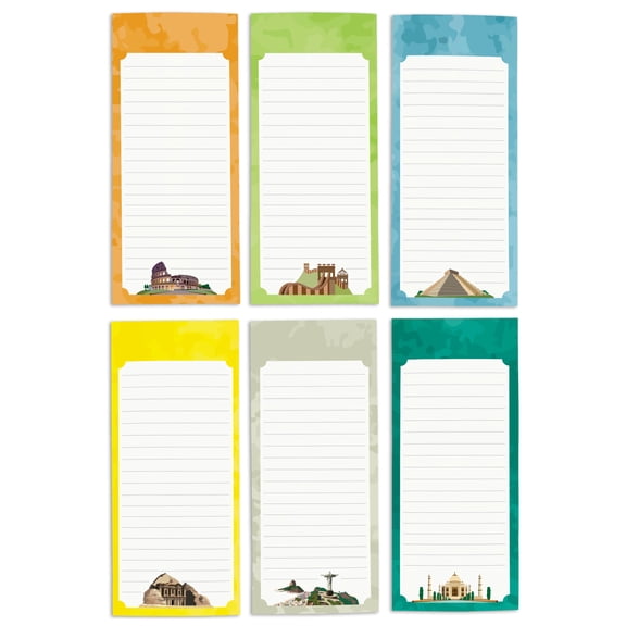 Inkdotpot Pack of 6 Funny Magnetic Dry Erase List For Fridge, Wipe Clean w/ NoStain, Quick Notes Shopping & Grocery List Whiteboard for Fridge, 8.75" x 3.8"(Travel/ Monuments)