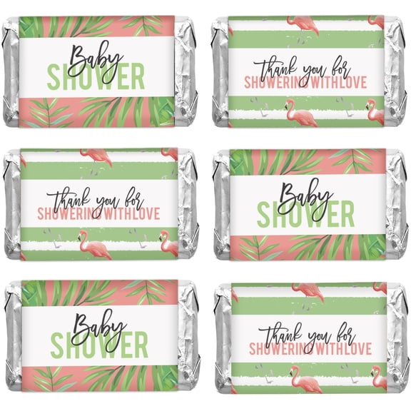 Inkdotpot Pack of 90, Baby Shower Candy Wrappers, Mini Candy Bar Miniatures Wrappers Chocolate Bar Label Stickers forGirlBaby Shower Decor (No Candy) (Tropical Leave & Flamingo)
