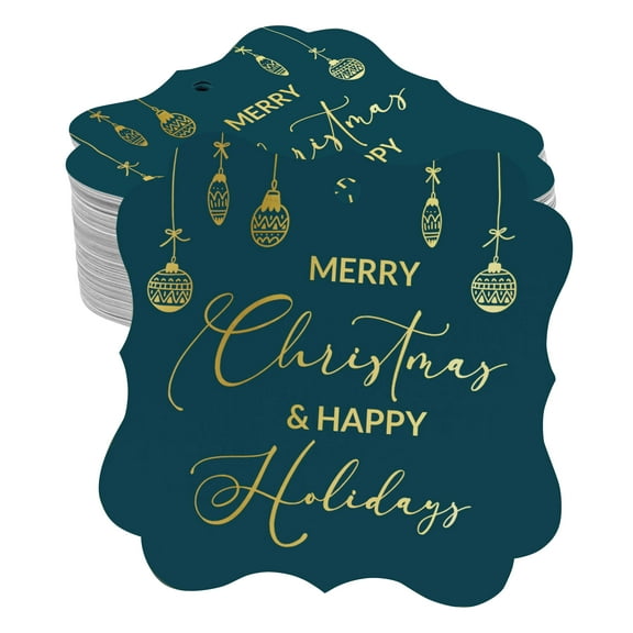 Inkdotpot Pack Of 100 Merry Christmas & Happy Text Paper Tags DIY Craft Bracket Shape Real Gold Foil Hang Tags
