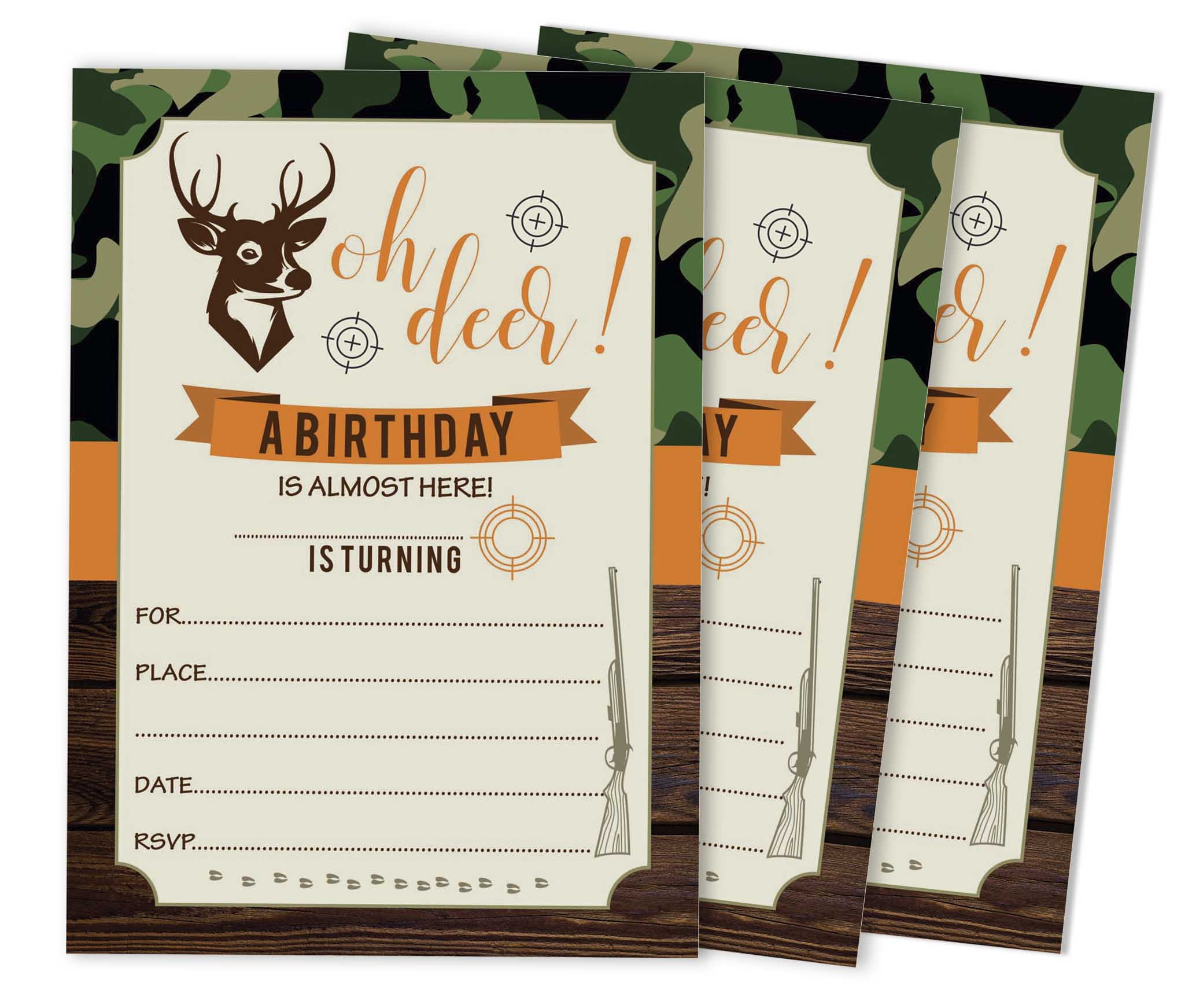 Inkdotpot Pack Of 30 Deer Hunting Kids Birthday Invites, Boy Camo Camping  Themed Sleepover, Camouflage Bday Theme Fill In the Blank Cards -  Walmart.com, image size:2042x1742