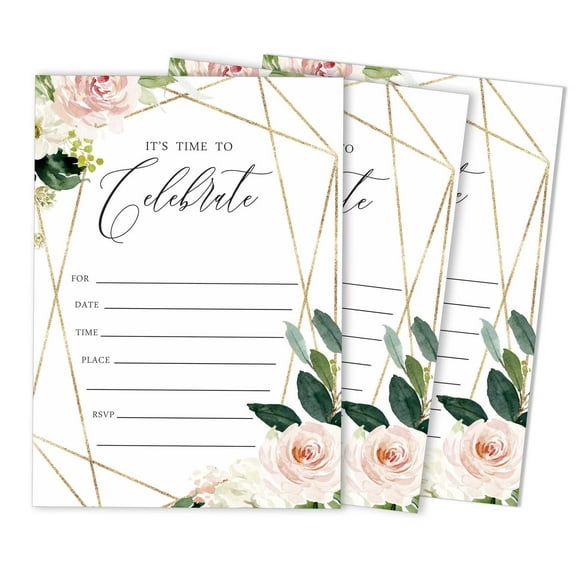 Inkdotpot Pack Of 30, Its Time To Celebrate Join Us Invitations With Envelopes, Geo Blush Floral Greenery Watercolor Invites for Your Wedding, Bridal Shower Engagement Party, Birthday 5 X 7 Inches