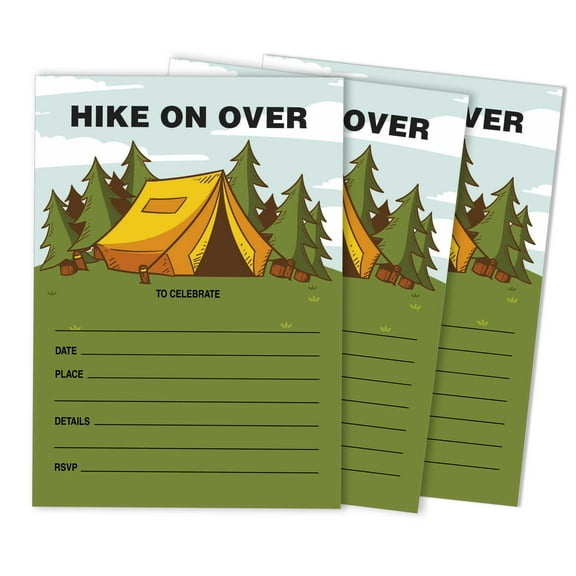 Inkdotpot Pack Of 30 Kids Birthday or Slumber Party Invitations, Hike On Over Camping Party Birthday Invites With Envelopes, Fill In The Blank Invites