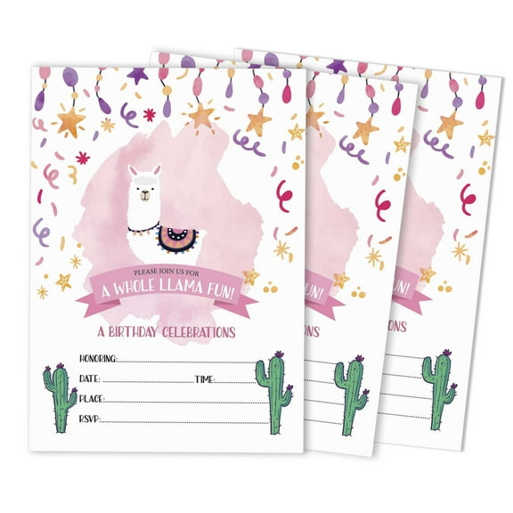 Inkdotpot Pack Of 30 Llama Kids Birthday Invitations, Boys or Girls Invite, Alpaca Cactus Sleepover Themed, Children or Toddlers Baby First or 1st Bday Theme Supplies,Fill In the Blank Cards