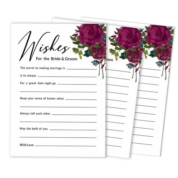 Inkdotpot Pack Of 50 Floral Burgundy Advice Cards, Wishes For The Bride and Groom, Mr and Mrs Wedding Guest Game Activity 5x7 inches