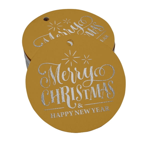 Inkdotpot Pack Of 50 Real Silver Foil Paper Tags Merry Christmas & Happy New Year Text Favor Hang Tags