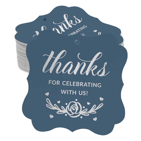 Inkdotpot Pack Of 50 Thanks For Celebrating With Us Bridal Shower-Baby Shower-Retirement-Wedding-Birthday Paper Tags DIY Craft Bracket Shape Real Silver Foil Hang Tags