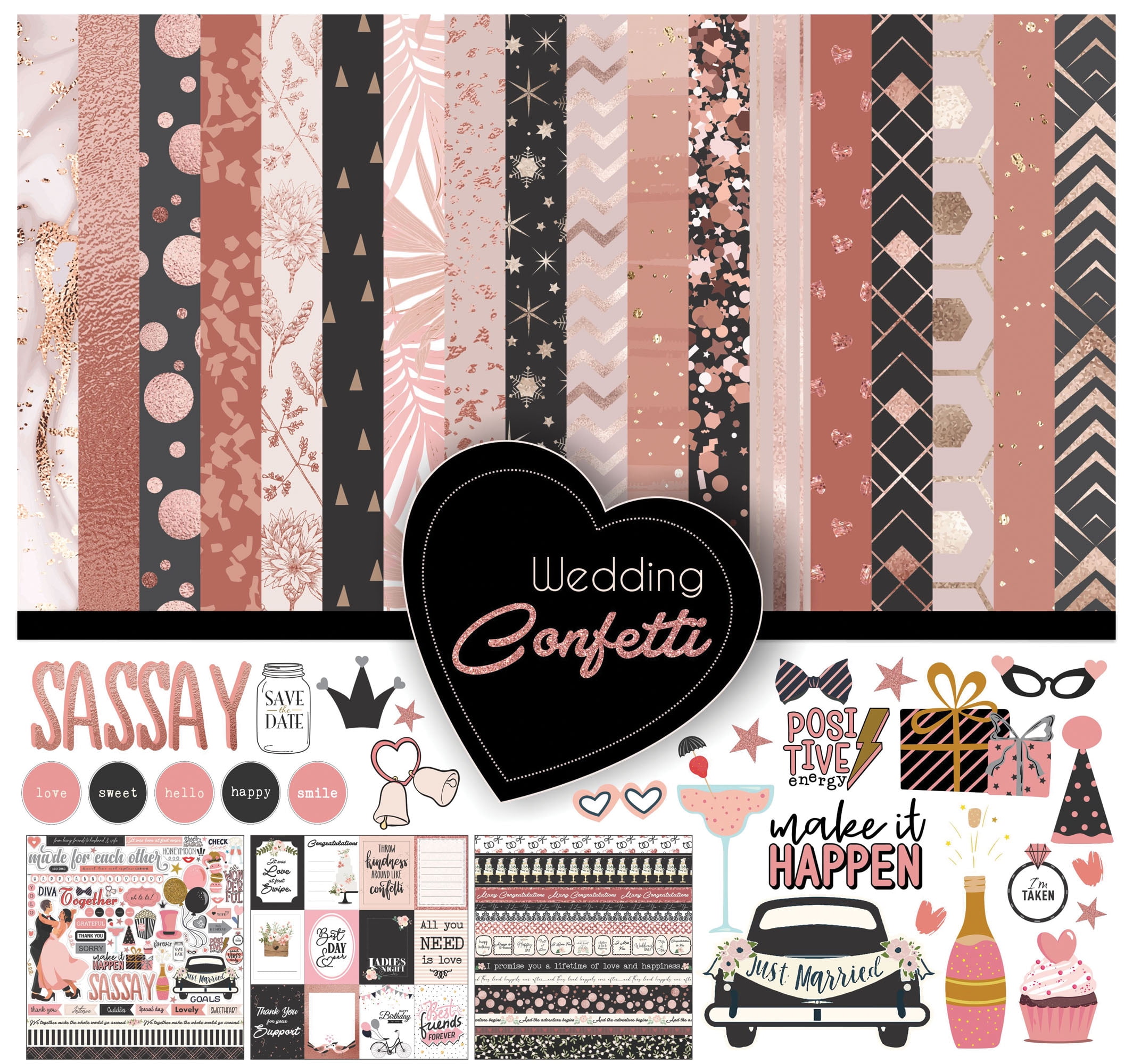 Inkdotpot Party Confetti Theme Collection Double-Sided Scrapbook Paper Kit Cardstock 12"x12" Card Making Paper Pack Of With Sticker Sheet - 16 Pages - Black & Rose Gold
