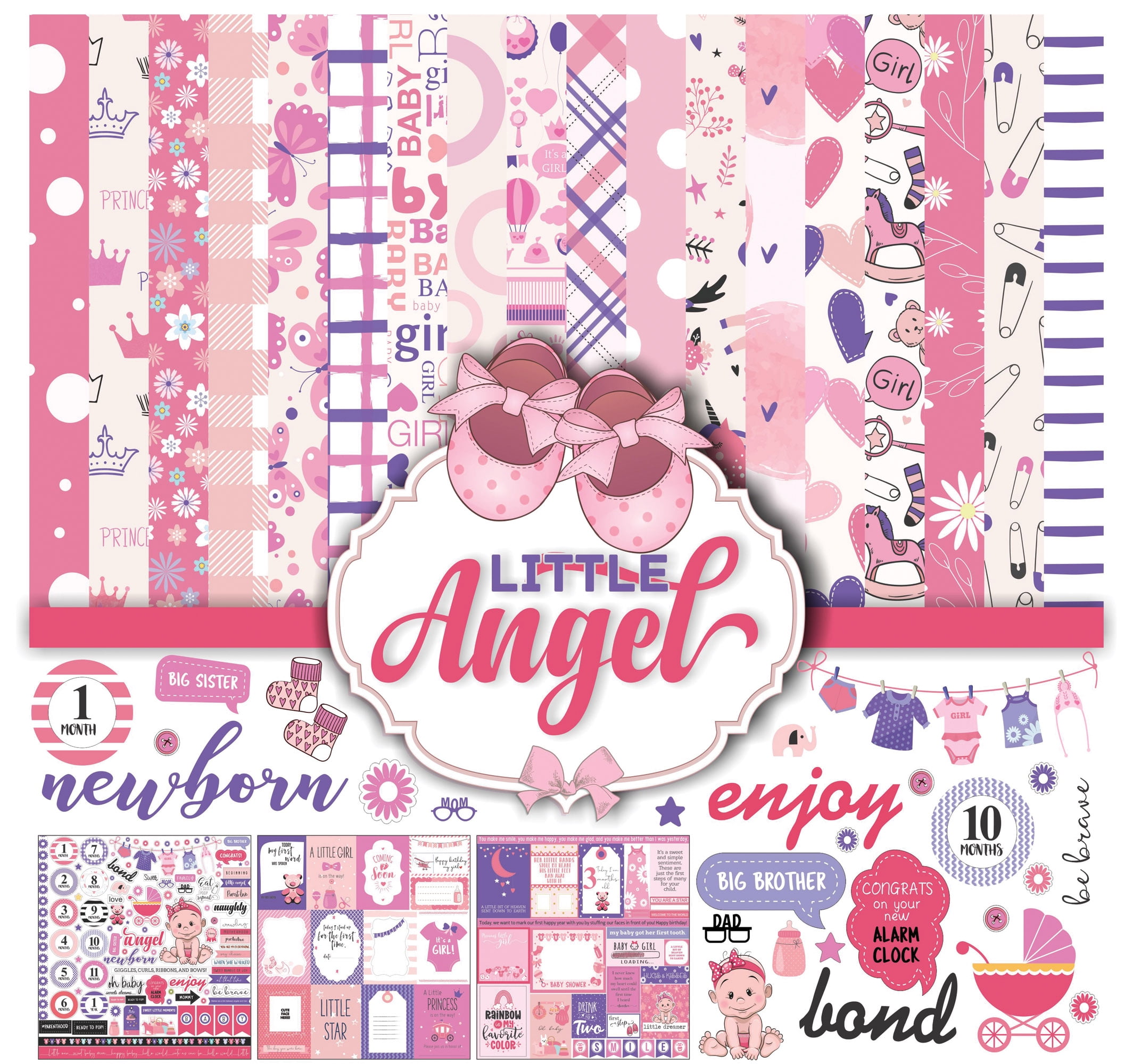 Inkdotpot Pink Baby Girl Theme Collection Double,Sided Scrapbook Paper Kit Cardstock 12"x12" Card Making Paper Pack Of With Sticker Sheet - 16 Pages - Baby Pink